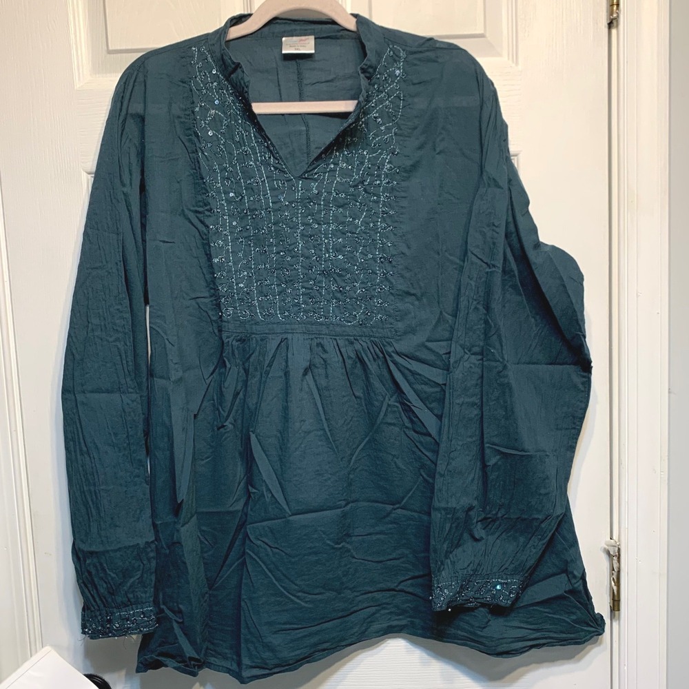 Greater Good Embroidered Sequin Tunic Top 3XL Teal Blue Cotton Boho Peasant